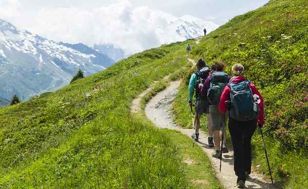 Group of hikers follow a trail in the French Alps above Chamonix 571010119